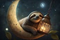 happy and tired sloth sleeps on a crescent moon with a lantern