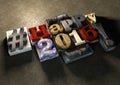 Happy 2016 title in vintage wood block text and hashtag Royalty Free Stock Photo