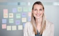 Happy to answer any of your questions. Portrait of a businesswoman with sticky notes up on a board behind her.