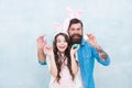 Happy to be a family. Daughter and father hunting eggs for Easter holiday. Having fun on Easter. father and daughter Royalty Free Stock Photo