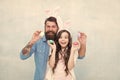 Happy to be a family. Daughter and father hunting eggs for Easter holiday. Having fun on Easter. father and daughter Royalty Free Stock Photo