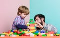 Happy to be a family. small boy with dad playing together. father and son play game. building with constructor. love Royalty Free Stock Photo