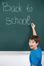 Happy to come back. Cheerful little schoolboy writing on the blackboard