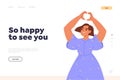 Happy to see you concept of landing page with young girl showing heart shape finger hand gesture Royalty Free Stock Photo