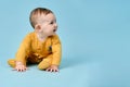 Happy toddler baby sits on studio blue background. Funny child boy with a smile on his face, copy space Royalty Free Stock Photo