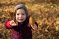 Happy toddler child plays with yellow leaves on sunny autumn day Royalty Free Stock Photo