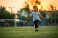 happy toddler girl running on grass field in park at sunset Royalty Free Stock Photo