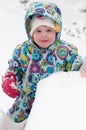 Happy toddler girl in warm coat and knitted hat tossing up snow and having a fun in the winter outside, outdoor portrait Royalty Free Stock Photo