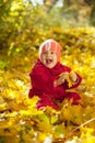 Happy toddler sitting on maple leaves