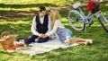 Happy together. Anniversary concept. My darling. Idyllic moment. Man and woman in love. Picnic time. Spring date Royalty Free Stock Photo