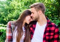 Happy together. Couple in love. Enjoying each other. Cuddling with darling. Man hipster and pretty woman in love. Summer Royalty Free Stock Photo