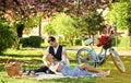 Happy together. My darling. Anniversary concept. Idyllic moment. Man and woman in love. Picnic time. Spring date Royalty Free Stock Photo