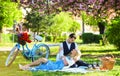 Happy together. My darling. Anniversary concept. Idyllic moment. Man and woman in love. Picnic time. Spring date Royalty Free Stock Photo