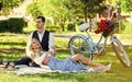 Happy together. My darling. Idyllic moment. Man and woman in love. Picnic time. Spring date. Playful couple having Royalty Free Stock Photo