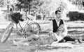 Happy together. My darling. Idyllic moment. Man and woman in love. Picnic time. Spring date. Playful couple having Royalty Free Stock Photo