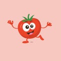 Happy tomato mascot standing on one foot with big smile