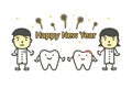 Happy tooth and dentist with text for Happy New Year and Merry Christmas, dental care concept