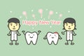 Happy tooth and dentist with text for Happy New Year