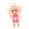 Happy tooth fairy holding lost molar from mouth of baby, princess with pink wings Royalty Free Stock Photo