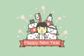 Happy tooth and friends with female dentist with text for Happy New Year