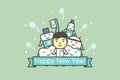 Happy tooth and friends with male dentist with text for Happy New Year