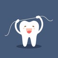 Happy tooth icon. Cute tooth characters. Brushing teeth flossing. Dental personage vector illustration. Oral hygiene