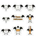 Happy tooth, toothbrush, toothpaste, mouthwash and dental floss with bat wing and vampire fang for Happy Halloween