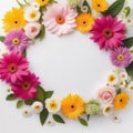 Happy top view perple frame and flowers arrangement on blank paper Royalty Free Stock Photo