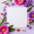 Happy top view perple frame and flowers arrangement on blank paper Royalty Free Stock Photo