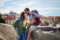 Happy tourist couple sightseeing; Traveller lifestyle