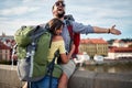 Happy tourist couple taking a selfie; Traveller lifestyle