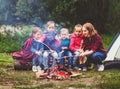 Happy tourist family on journey hike. mother and children fry sa