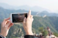 Happy tourist on the Great Wall of China Royalty Free Stock Photo