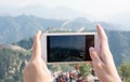 Happy tourist on the Great Wall of China Royalty Free Stock Photo