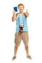 Happy tourist holding passport retro camera isolated on white