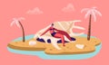 Happy Tourist Woman Enjoying Summer Vacation Holiday on Exotic Beach Sitting on Huge Seashell Conch on Tropical Destination