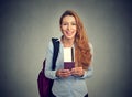 Happy tourist young woman holding passport holiday flight ticket