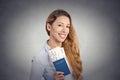 Happy tourist young woman holding passport holiday flight ticket