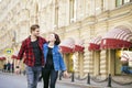 Happy tourists sightseeing city with map Royalty Free Stock Photo