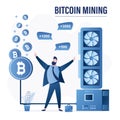 Happy trader or miner with profit. Bitcoin mining farm. Videochip earn crypto currency. Mining Cryptocurrency