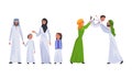 Happy Traditional Arabic Family in Hijab Outfit Spending Time with Kids Vector Set