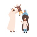 Happy traditional arabic family vector flat illustration. Joyful muslim parents playing with little kid isolated on