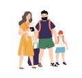 Happy travel family with baggage and hand luggage standing together vector flat illustration. Smiling parents and kids