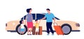 Happy travel. Family luggage, summer happy trip. Car to airport man mother daughter. Travellers with bags, auto journey