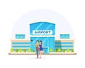 Happy travel female friends posing taking selfie at airport building exterior enjoying vacation Royalty Free Stock Photo