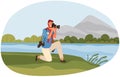 Happy travel photographer taking picture of nature. Cartoon character shooting mountains on camera