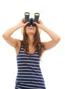 Happy, travel and woman looking up with binoculars to watch on vacation, holiday or adventure. Vision, glass and person Royalty Free Stock Photo