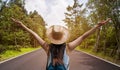 Happy travel woman on vacation concept. Funny traveler enjoy her trip and ready to adventure. Royalty Free Stock Photo
