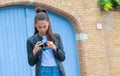 Girl making photo of historical building with ret Royalty Free Stock Photo