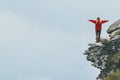 Happy traveler standing on cliff mountain hands raised Travel Lifestyle success motivation concept adventure active vacations outd Royalty Free Stock Photo